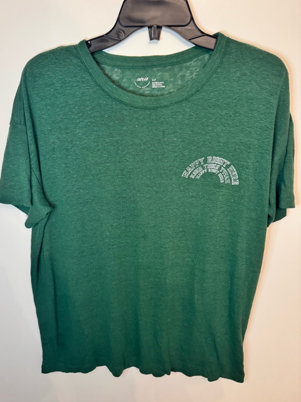 Aerie Green Soft Slub Knit Graphic Tee Happy Right Here Small